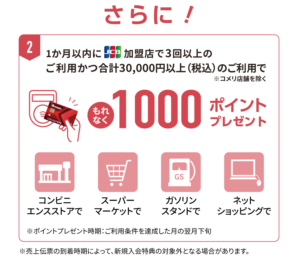 新規入会１か月以内にJCB加盟店で3回以上合計30,000円以上（税込）のご利用でポイントプレゼント
