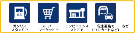 ガソリンスタンド、スーパー、コンビニ、ETCなど